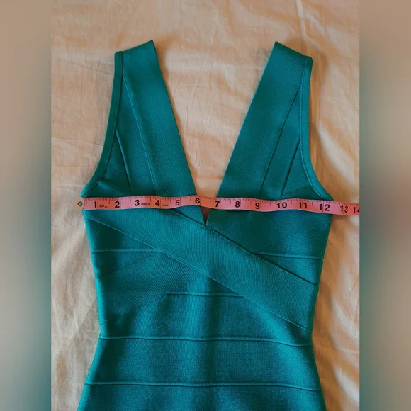 NWOT Bright Teal HERVE LEGER V- Neck Mini Bandage Dress XS $790 - Picture 6 of 14